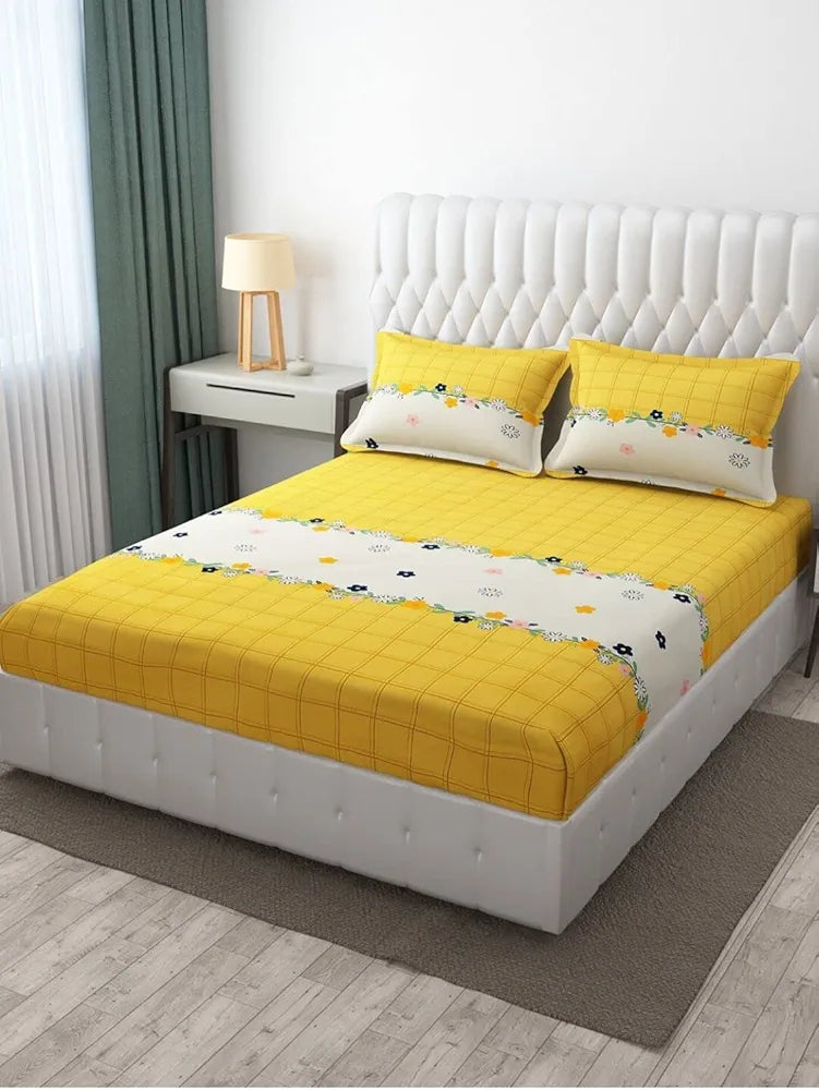 The Home Style Cotton Feel Glace Cotton Elastic Fitted Printed Queen Size Double Bed Bedsheet With 2 Pillow Cover,300 TC Cadmium Yellow
