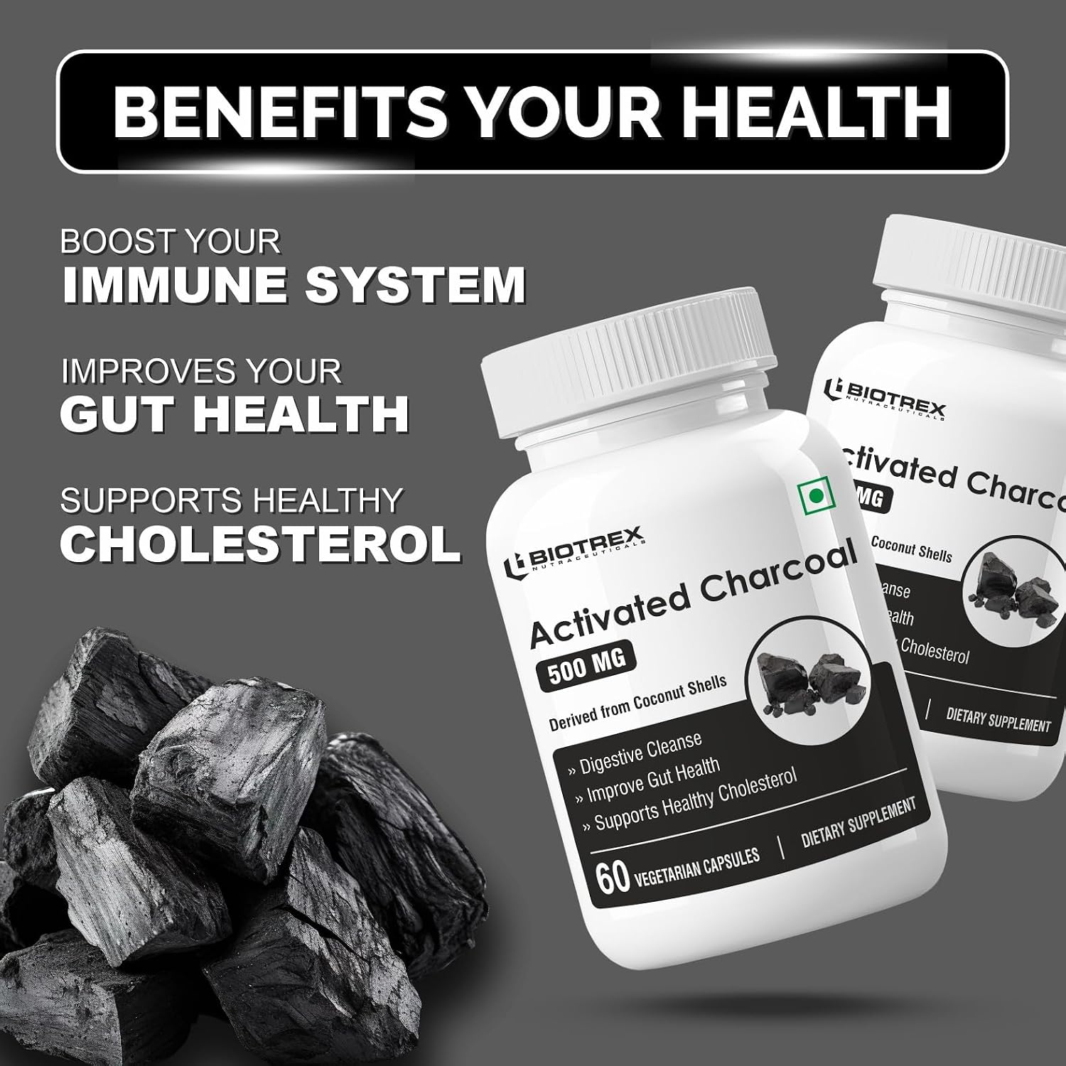 Biotrex Nutraceuticals Activated Charcoal 500mg | Sourced From Coconut Shells | Gas & Bloating Relief | Supports Digestive Health & Gut Detox | 100% Natural | 60 Veg Capsules