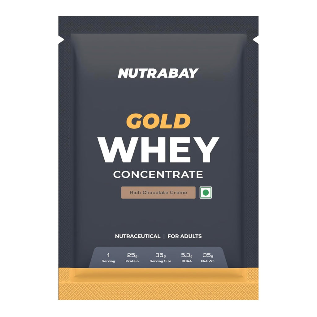 Nutrabay Gold Whey Protein Concentrate Powder 25g Protein, 5.3g BCAA â€“ Easy to Digest, NABL Lab Tested â€“ Muscle Growth & Recovery â€“ 35g, Rich Chocolate Creme | Trustified Certified 100% Authentic