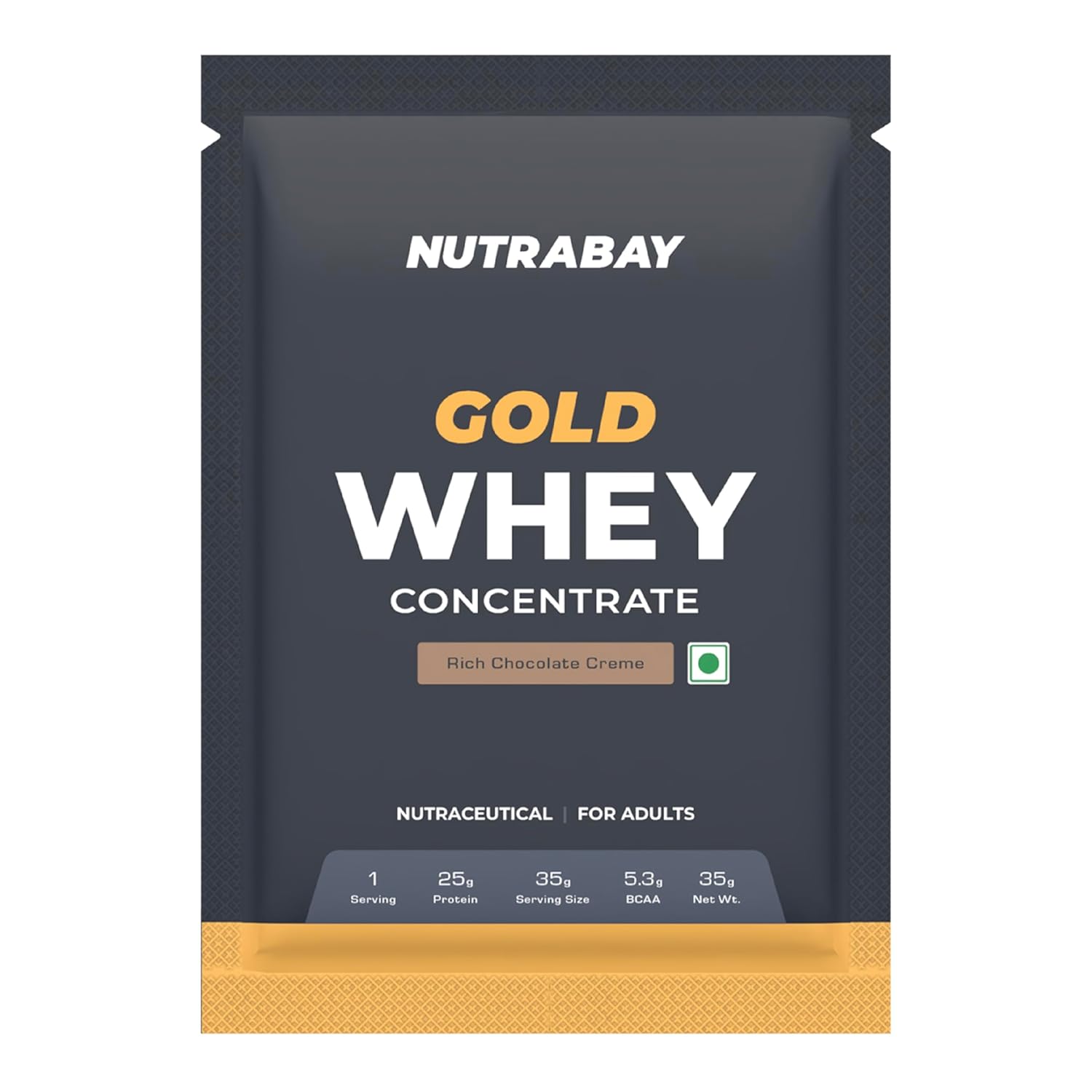 Nutrabay Gold Whey Protein Concentrate Powder 25g Protein, 5.3g BCAA â€“ Easy to Digest, NABL Lab Tested â€“ Muscle Growth & Recovery â€“ 35g, Rich Chocolate Creme | Trustified Certified 100% Authentic
