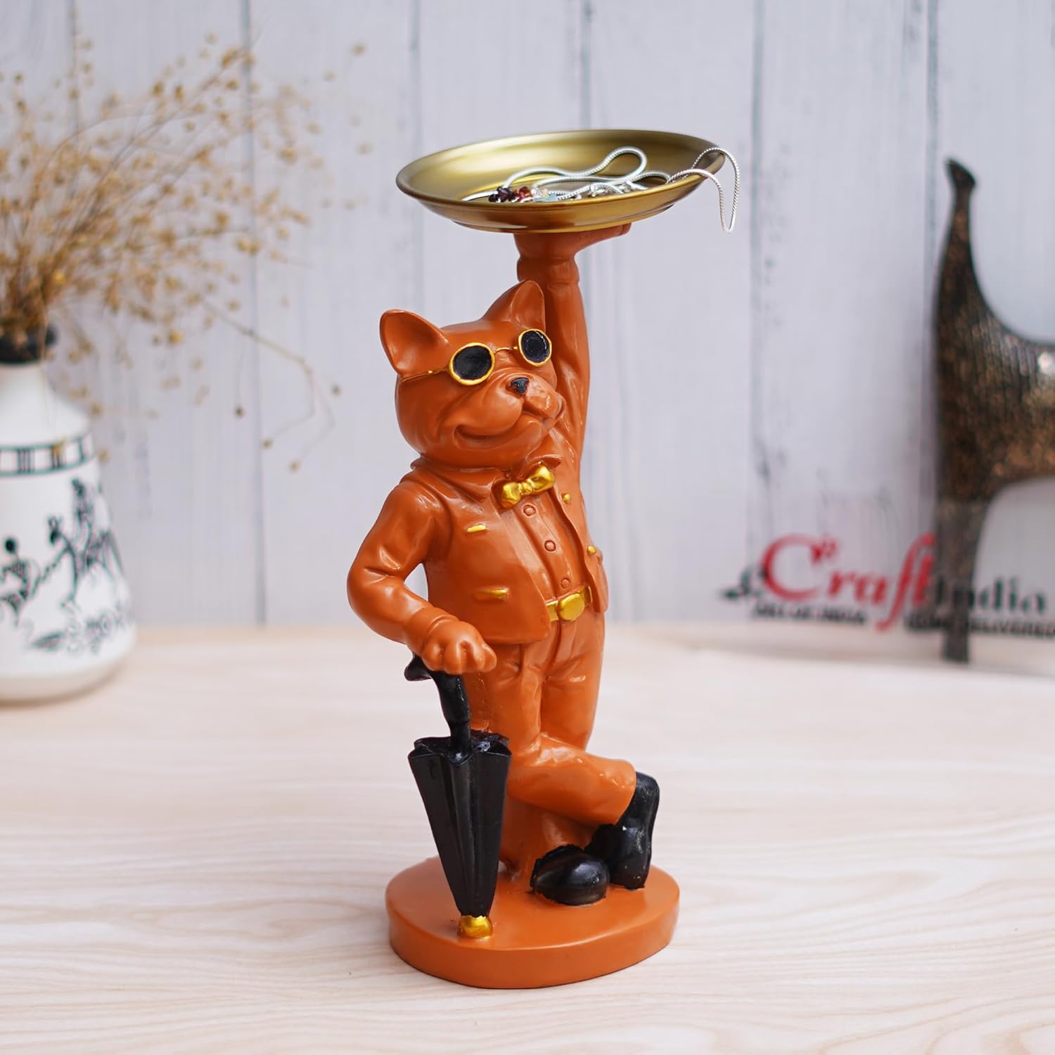 Ecraftindia Orange Bulldog Statue in Glasses Holding Black Umbrella and Tray in Hands Table Top Decorative Showpiece