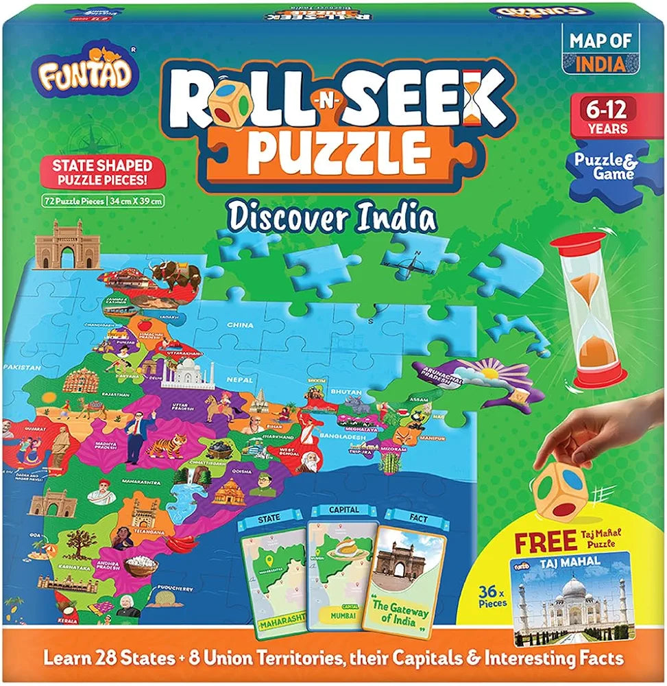 Funtad Roll N Seek India Map Educational Board Game & Puzzle Learn Indian Sate Capital and Interesting Facts State Shaped Puzzle for Boys & Girls Age 6-12 yrs
