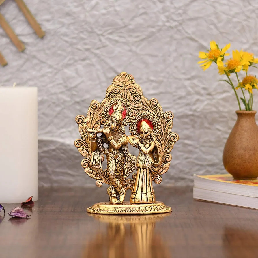 Collectible India Gold Plated Metal Radha Krishna Statue Radha Krishan Idol Showpiece Figurine