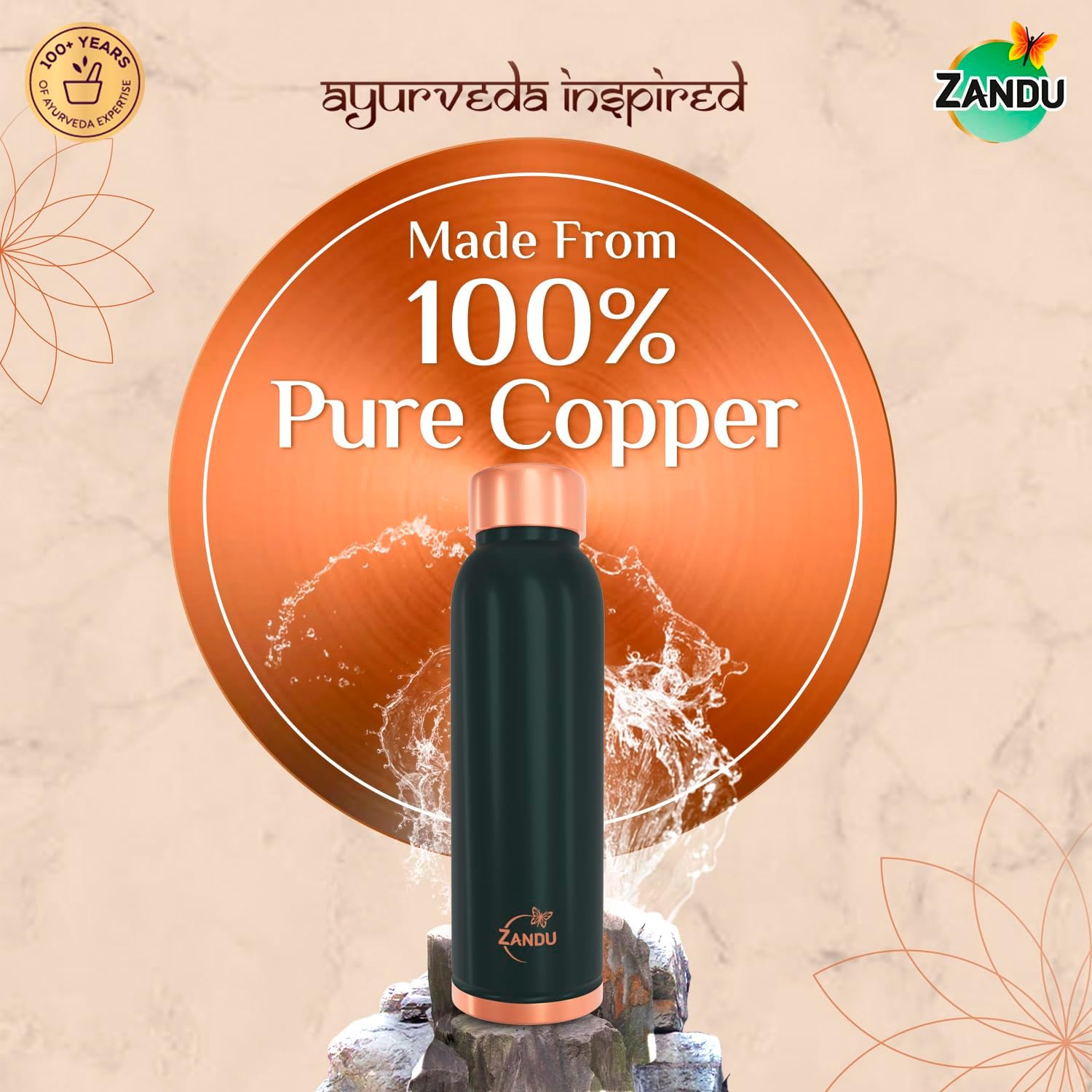 Zandu Copper Bottle : Prepared with 100% Pure Copper |Supports Digestive & Liver Health | Helps Enhance Immunity| Useful in Promoting Overall Health (Pack of 950 ml)