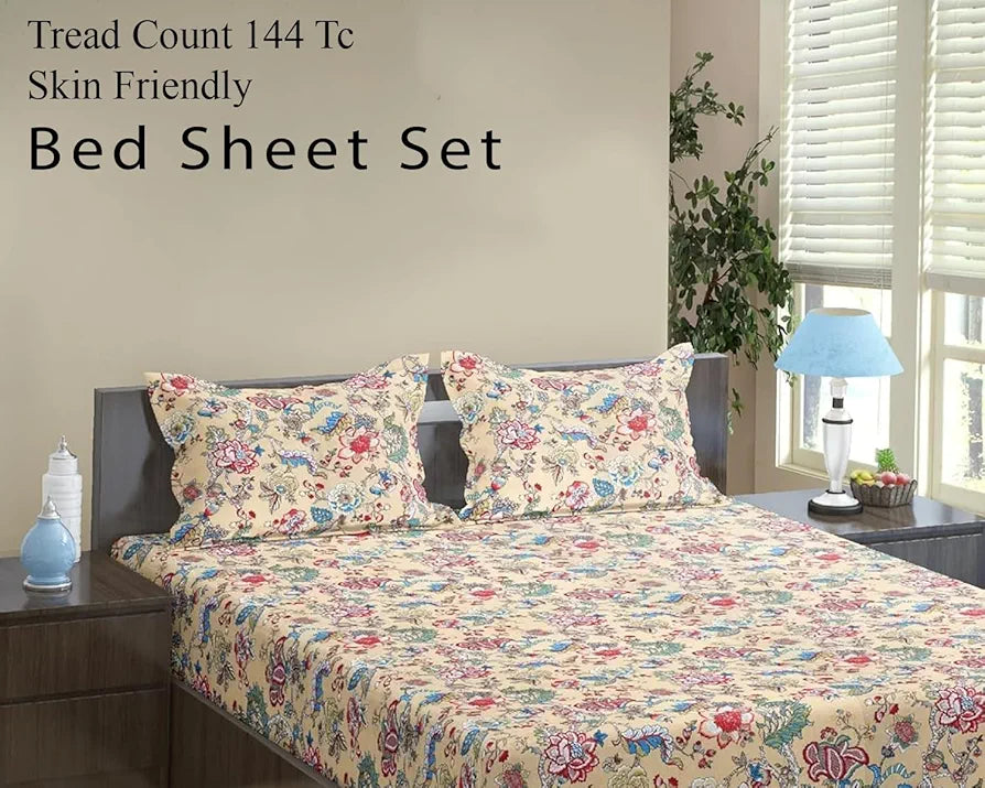 Trance Home Linen 144TC 100% Cotton Heritage Elastic Fitted Bedsheet with 2 Pillow Covers Jaipuri Printed Artisan Block Design Soft Hypo-Allergenic Colour Malhaar red