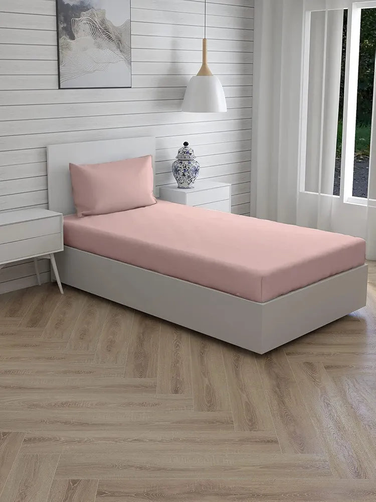 Trance Home Linen Premium 300 Tc Pure 100% Cotton Solid Single Size Fitted Bedsheet with 1 Pillow Cover Colour Blush