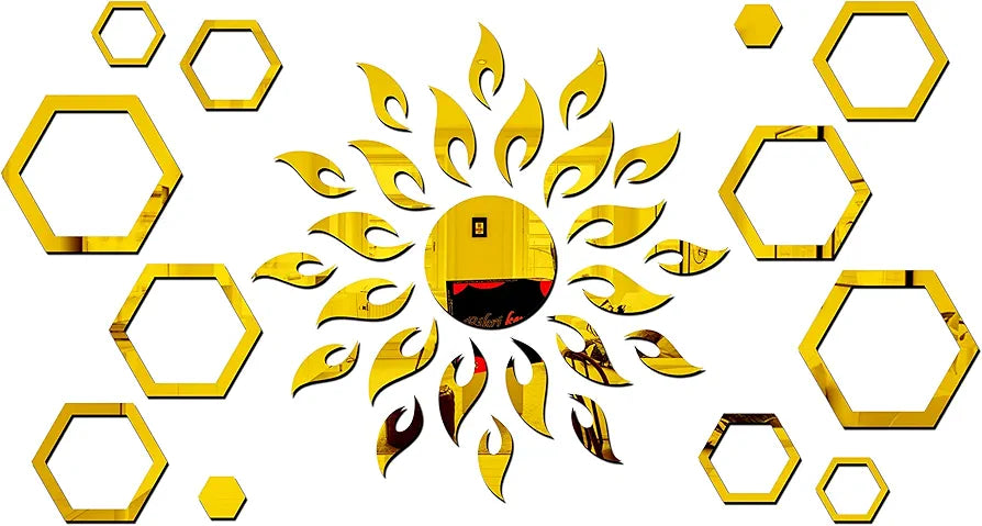 Bikri Kendra Art BK71 Sun with Hexagon Ring 2 Set 3D Acrylic Mirror Stickers for Wall Gold