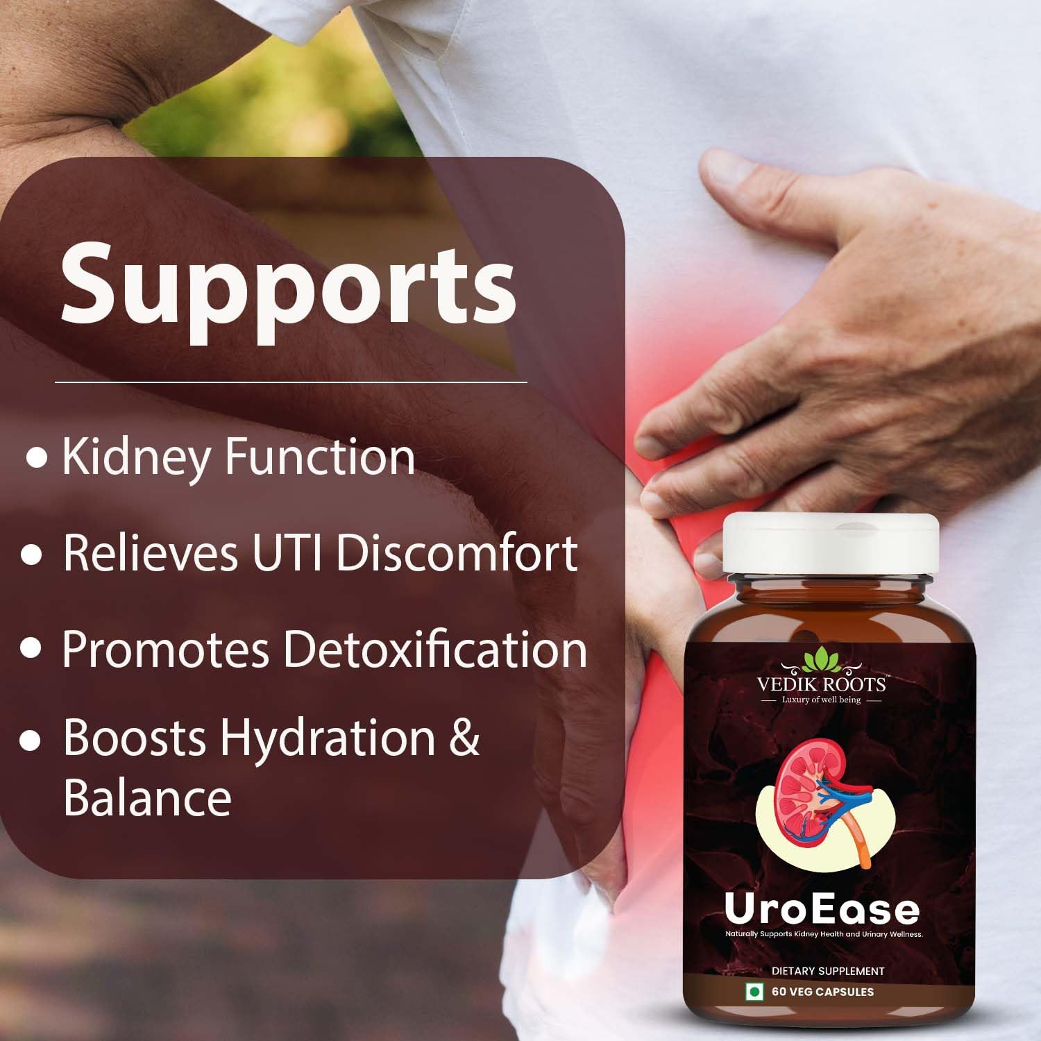 UroEase for Kidney & Uric Acid Support | Ayurvedic Supplement for Urinary Tract & Detox | Herbal Kidney Cleanse | 60 Veg Capsules