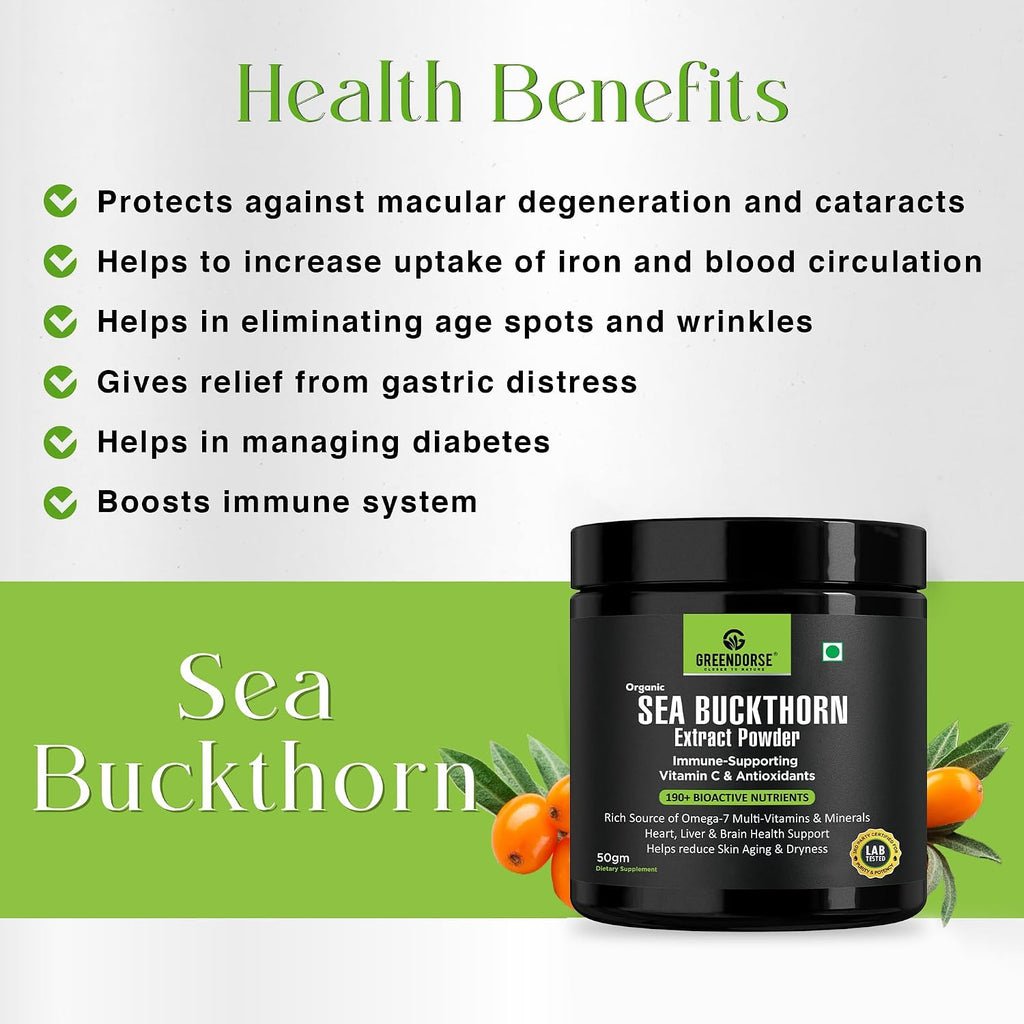 GREENDORSE Himalayan Sea Buckthorn (Omega-7) Extract Powder, SUPERFRUIT with 190+ Active Nutrients, Omega, Antioxidants Protection, Supports Brain, Liver & Heart Functioning- 50g
