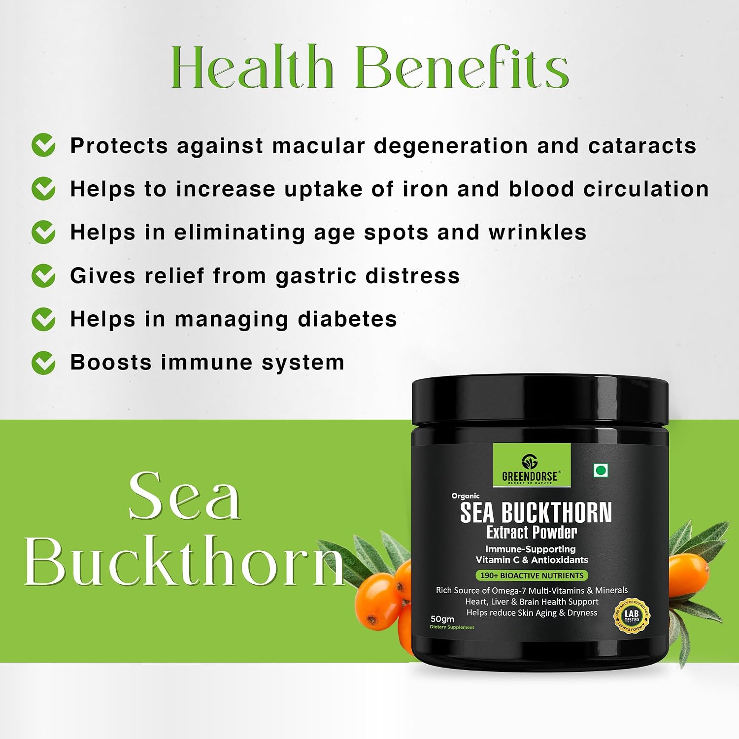 GREENDORSE Himalayan Sea Buckthorn (Omega-7) Extract Powder, SUPERFRUIT with 190+ Active Nutrients, Omega, Antioxidants Protection, Supports Brain, Liver & Heart Functioning- 50g