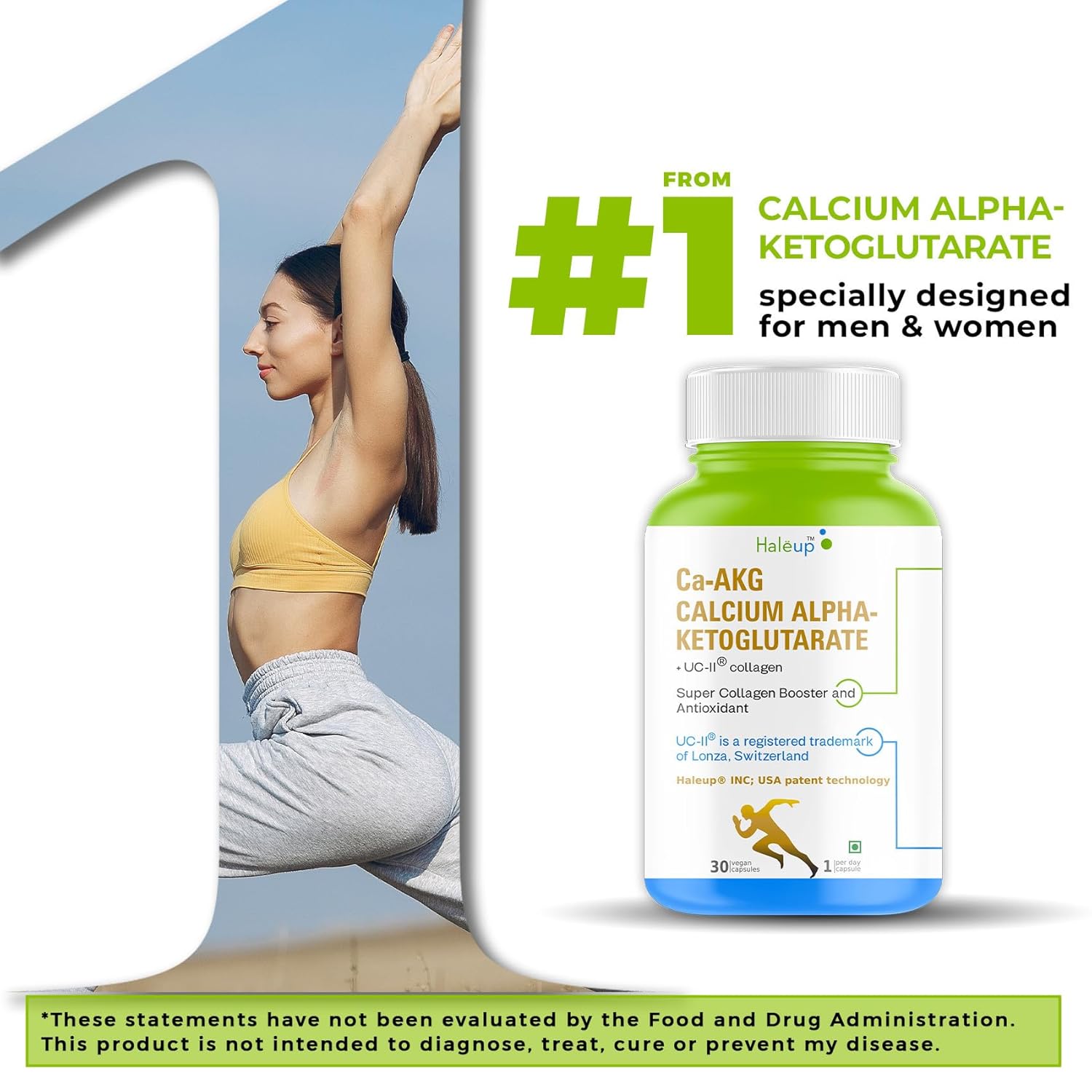 Haleup Calcium AKG Supplement with UC-II collagen | Calcium Alpha-Ketoglutarate for Cellular Energy, Bone Strength, Muscle Recovery|Healthy Ageing (1 pack X 30s count)