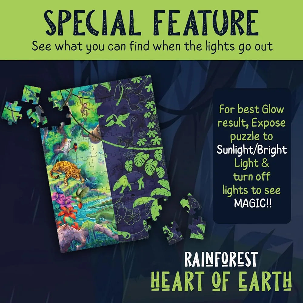 Playqid Glow in The Dark Tropical Rainforest Wild Animals Jigsaw Puzzle for Boys & Girls 72 Piece Floor Puzzle for Age 5 Educational Toy for Kids