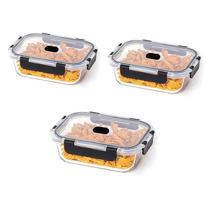 Femora Borosilicate Rectangle Glass Container With Dectahable & Break Free Lid | Black Color | 1000 Ml | Set of 3