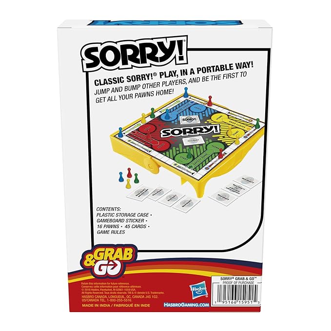 Hasbro Gaming Sorry Grab & GO Board Game for Kids Ages 8 and Up