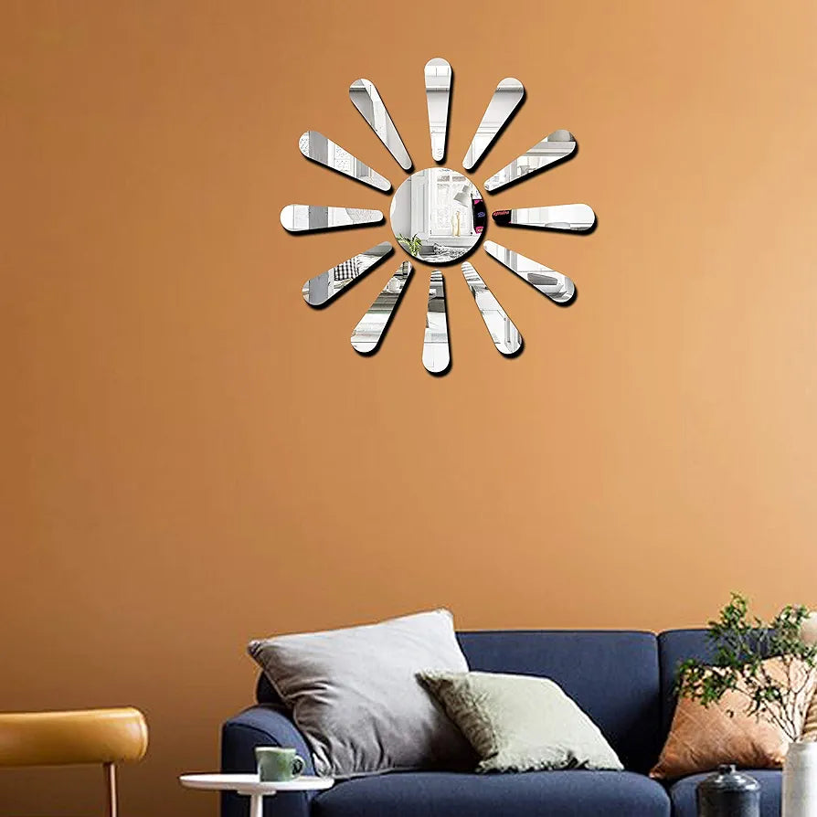 Bikri Kendra Sun Silver Model-9 Mirror Stickers for Wall, Acrylic Mirror Wall Decor Sticker