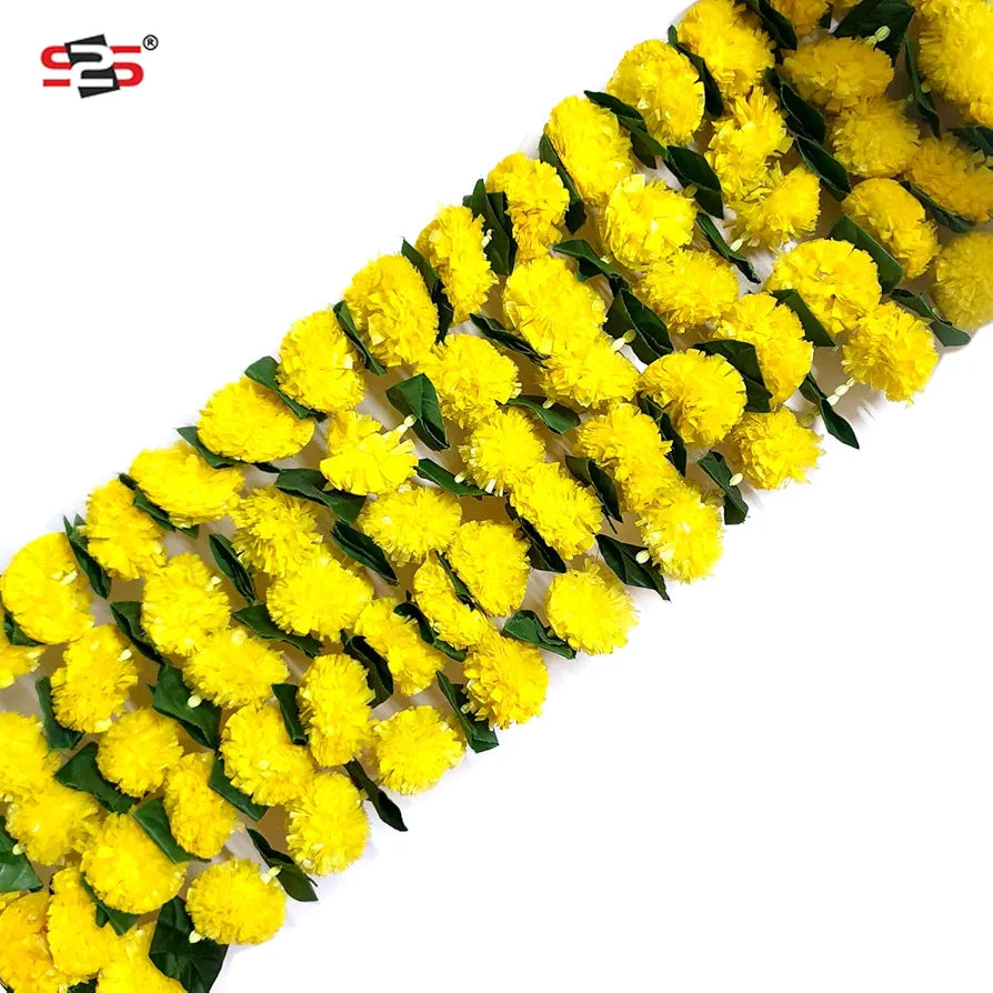 Reusable Artificial Flowers Hanging Garlands with Mango Leaf Artificial Marigold Genda Flowers Toran Pack of 3 Yellow With Leaf