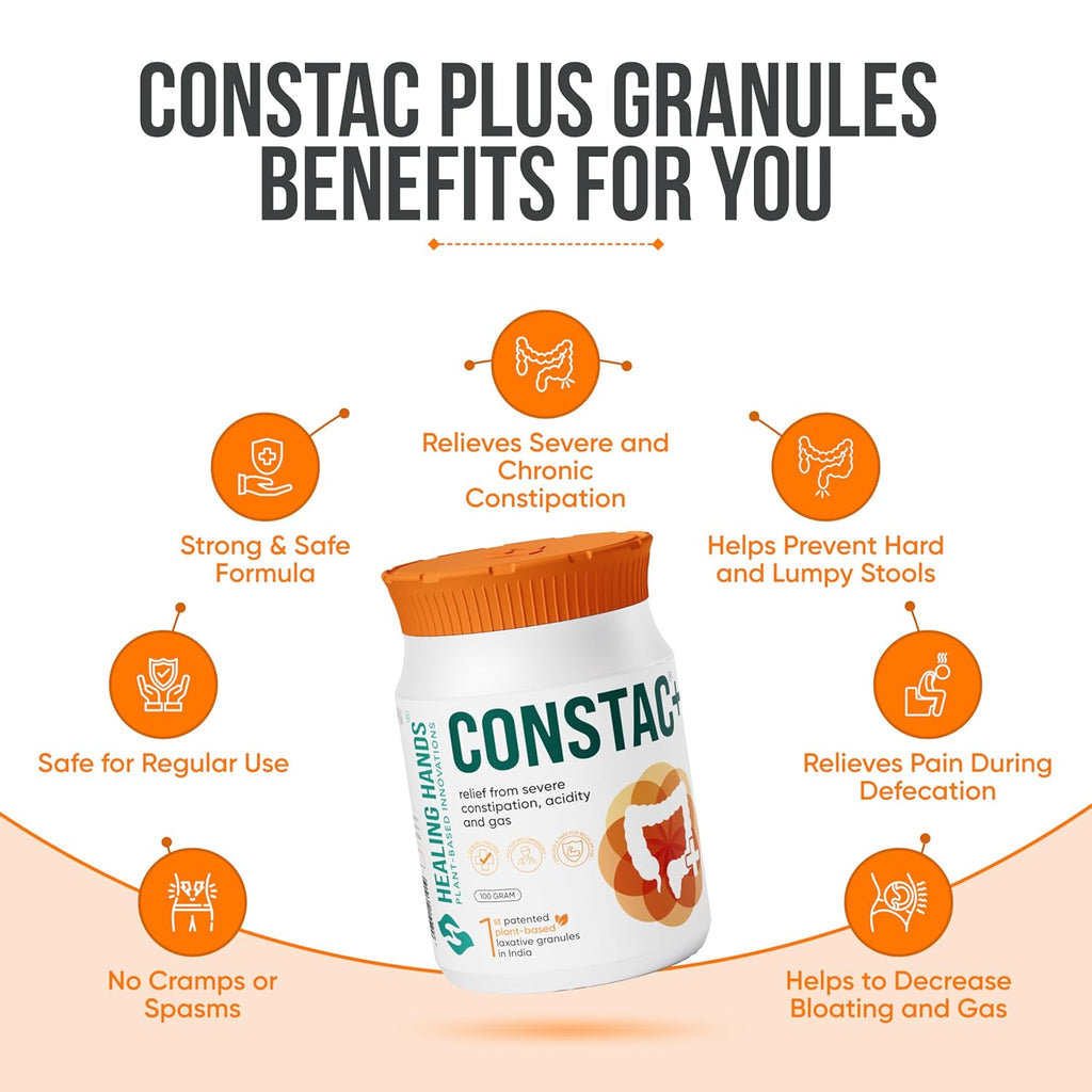 Healing Hands Constac Plus for Relief in Severe Constipation, Acidity and Gas, Plant Based Natural Constipation Solution, Clinically Proven, Herbal, Strong â€“ 100 gm (Granules)