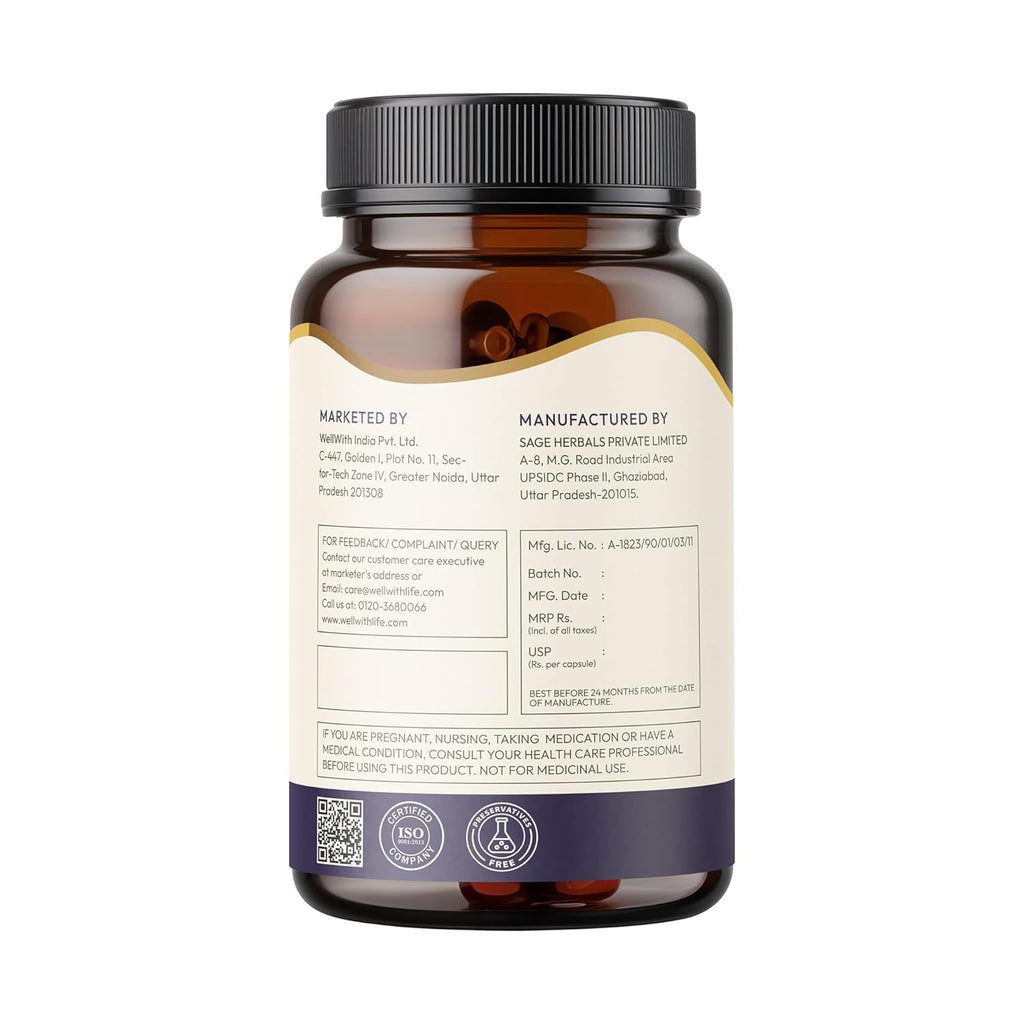 Wellwith Diabera 500mg â€“ 60 Veg Capsules (Pack of 1) | Blood Sugar Support Capsules with Jamun, Karela, Gudmar, Methi Beej, Triphala | Herbal Formula for Sugar Control & Metabolism