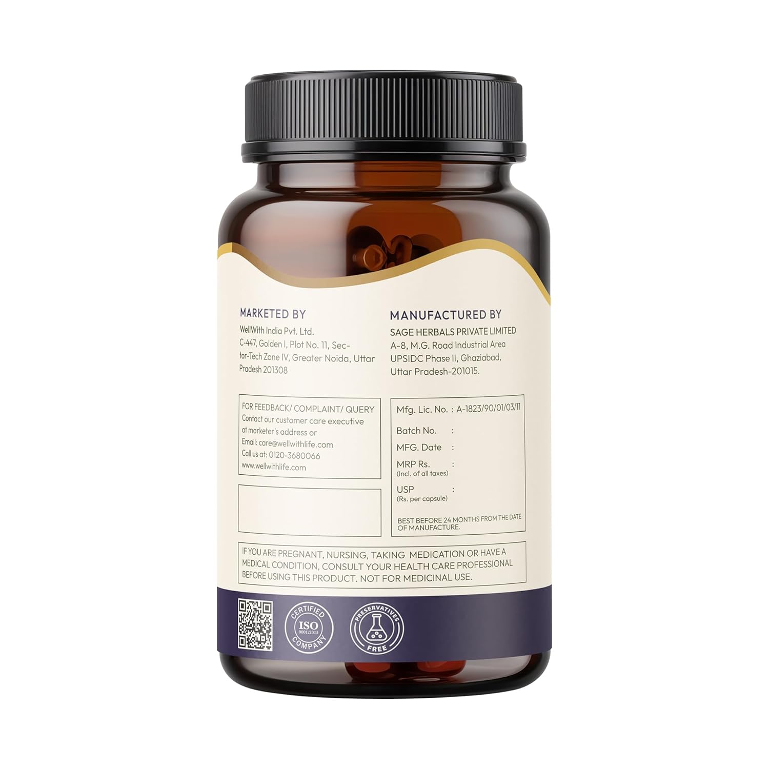 Wellwith Diabera 500mg â€“ 60 Veg Capsules (Pack of 1) | Blood Sugar Support Capsules with Jamun, Karela, Gudmar, Methi Beej, Triphala | Herbal Formula for Sugar Control & Metabolism