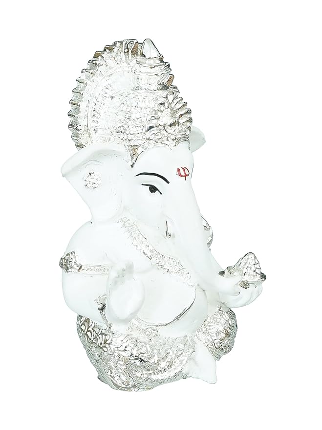 Ecraftindia Silver White Resin Lord Ganesha Idol for Home Decor Office Car Dashboard | Ganesha Statue