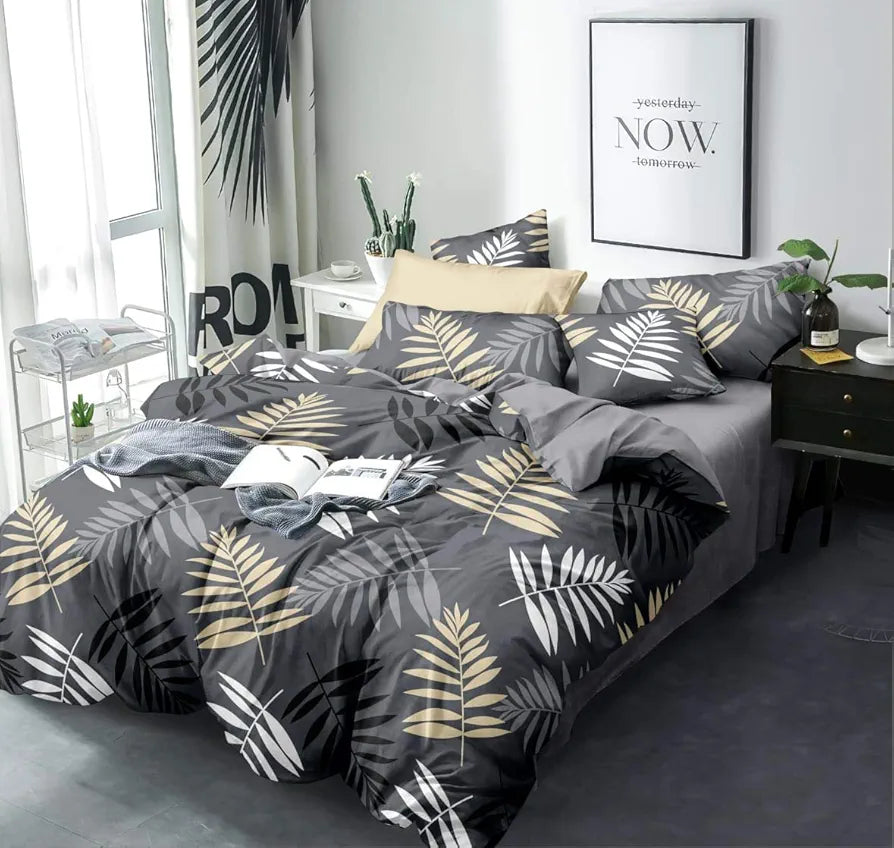 The Home Style Cotton Feel Glace Cotton Floral Printed King Size Double Bed Bedsheet With 2 Pillow Cover 300 TC Midnight Leaf