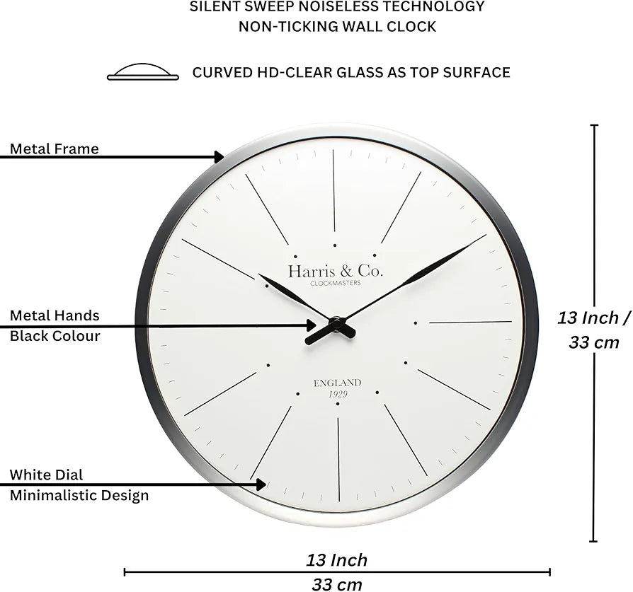 Harris & Co. Clockmasters Premium Luxury Analog Wall Clock Minimalist Design - 13 Inch