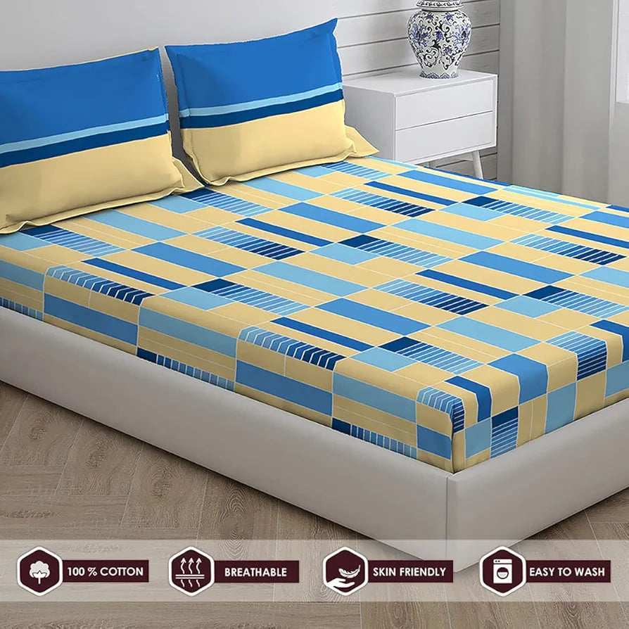 Layers Tivoli Cotton Bedsheet Set for All Seasons Lightweight 104 TC Queen Size Beige/Blue Color