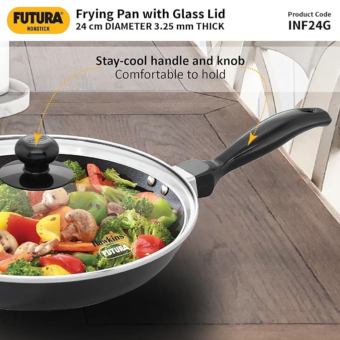 Hawkins Futura 26 cm Frying Pan Nonstick Fry Pan with Glass Lid Pan Black