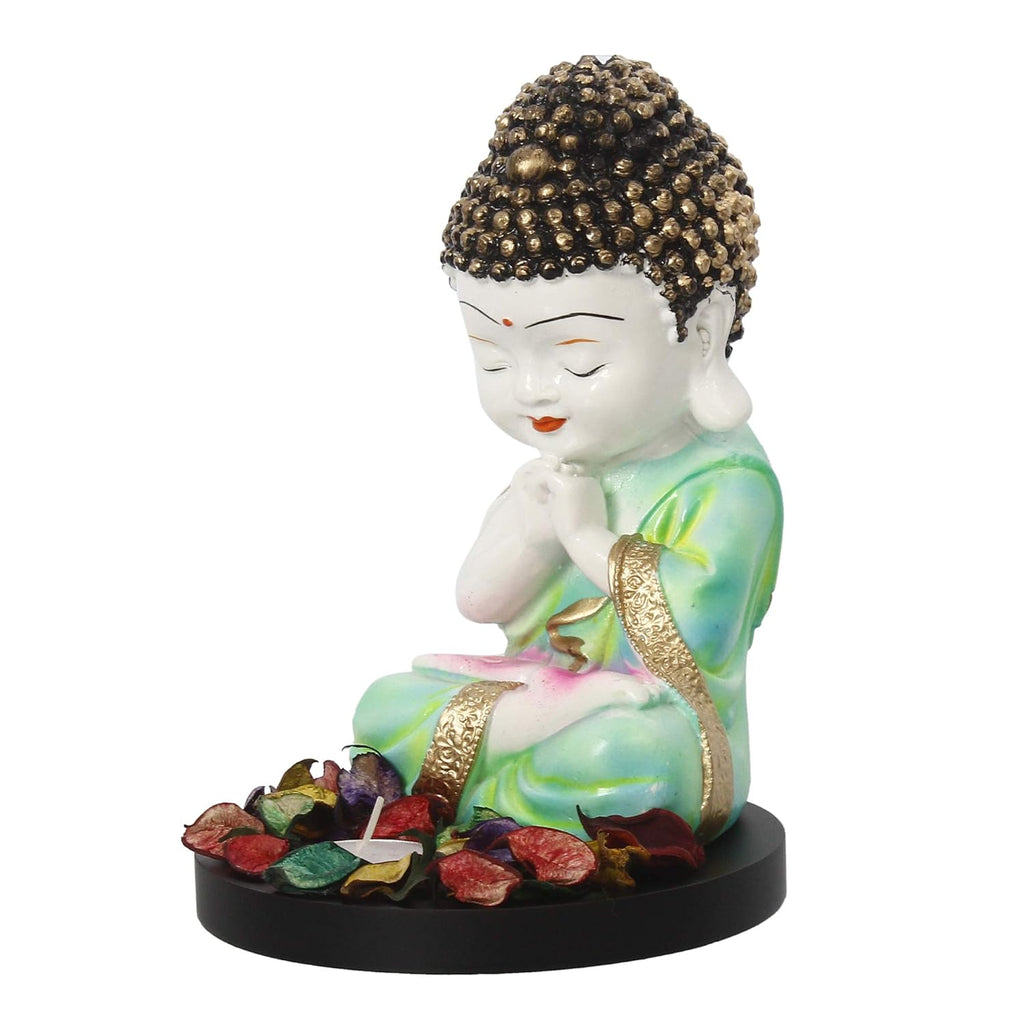 Ecraftindia Green and White Polyresin Praying Little Monk Buddha Statue With Wooden Base | Fragranced Petals Tealight Candle Holder