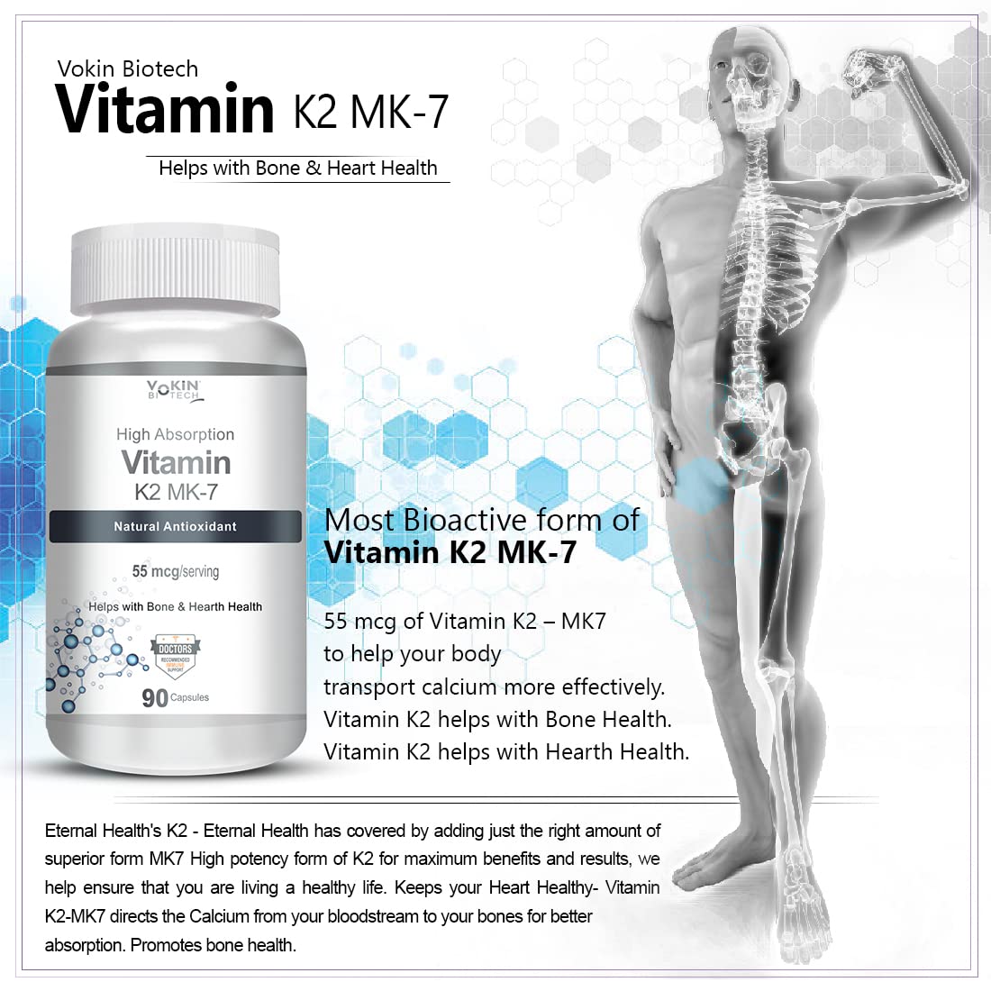 Vokin Biotech Vitamin K2 MK-7- Support Bone & Heart Health - 55mcg â€“ (90 Capsules)