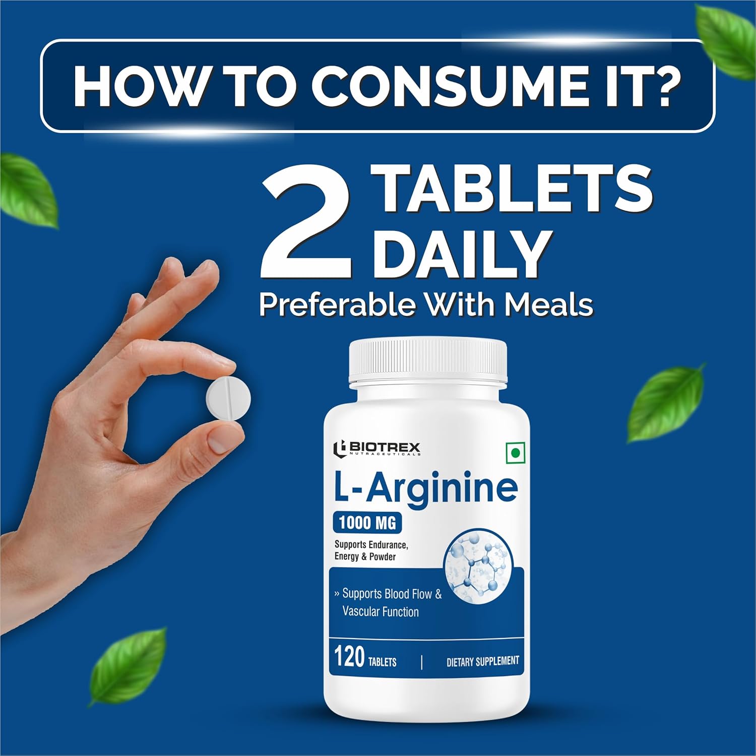 Biotrex Nutraceuticals L-Arginine 1000mg Supplement | Nitric Oxide Booster & Muscle Growth | Blood Flow & Heart Health | Pre Workout | Non-GMO | 120 Tablets