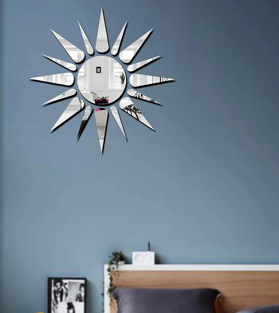 Bikri Kendra Sun Silver Model-2 Mirror Stickers for Wall, Acrylic Mirror Wall Decor Sticker