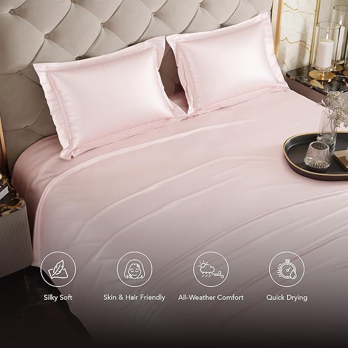 Stoa Paris Satin Bedsheets for Double Bed 300TC Premium Bedsheet with 2 Pillow Covers Colour Blushing Pink