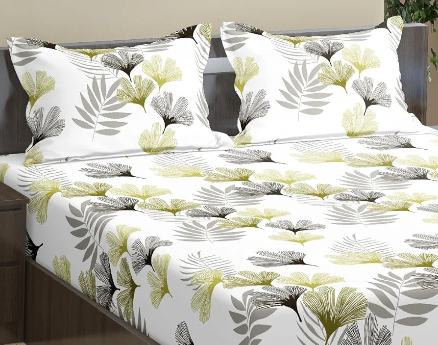 Trance Home Linen 100% Cotton 78"X60" Standard Queen Size Elastic Fitted Bedsheet Printed Queen Bed Size With 2 Pillow Covers 180 tc Colour Paradise Green
