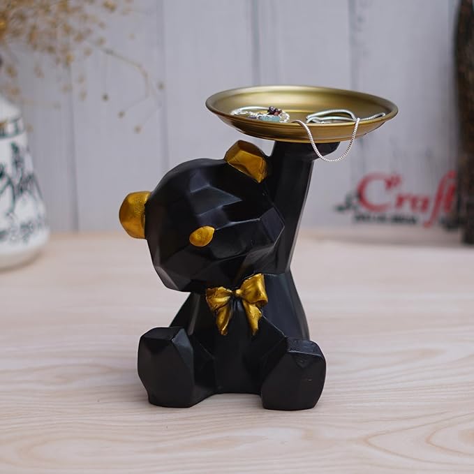 Ecraftindia Geometric Black Sitting Teddy Bear Statue Holding Tray Decorative Showpiece for Home
