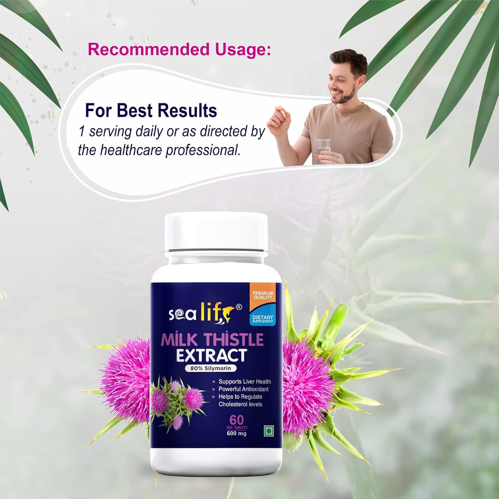 Sea Life Milk Thistle Extract Tablets | Silymarin 80% | Liver Cleanse Detox Support Supplement 600 mg (60 Tablets) Support Protection Against Fatty Liver |For Men And Women