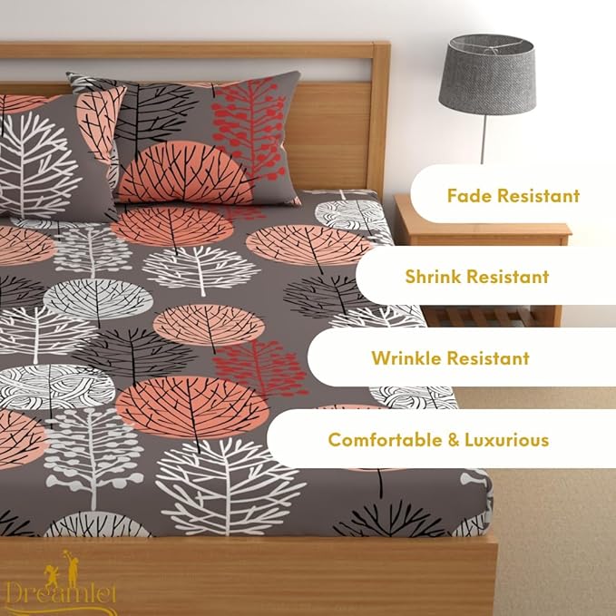 Dreamlet Elastic Fitted Bedsheets Double Bed Size, 180tc Glace Cotton Bedsheet With 2 Pillow Covers | Gray Multi