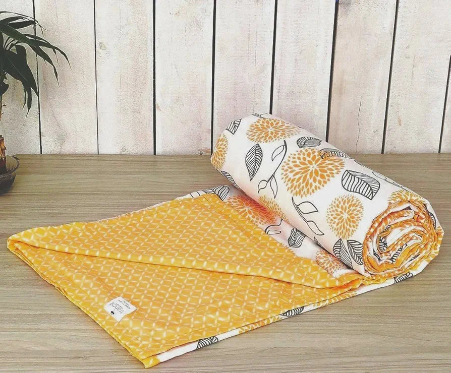 Trance Home Linen Pure Malmal Cotton Multipurpose Baby Dohar 3-Layered Baby Swaddle Blanket Colour Yellow White Abstract Leaves