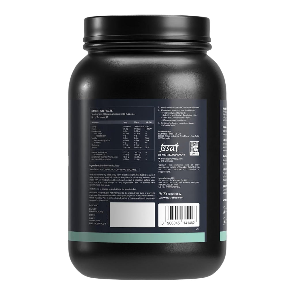 Nutrabay Pure Soy Protein Isolate Powder 26.2g Protein, 4.7g BCAA per Serving, NABL Lab Tested â€“ Easy to Digest, No Added Sugar, Vegan â€“ 1kg, Unflavoured | 100% Authentic & Clean Protein