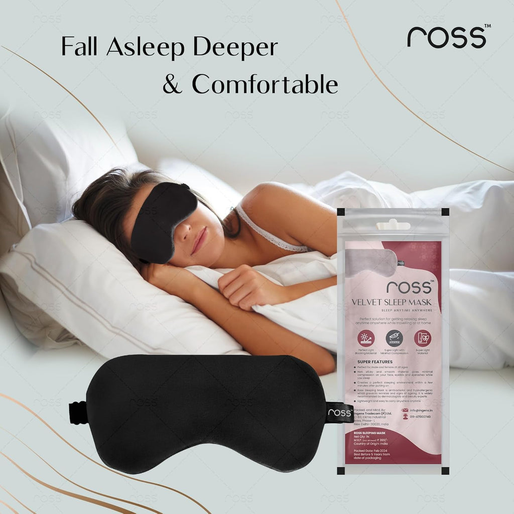 Ross Breathable Fabric Sleep Eye Mask â€“ Ultra-Soft, Smooth & Cozy with Adjustable Strap for Ultimate Comfort, Light Blocking & Deep Sleep â€“ Perfect for Travel, Meditation, Naps, Relaxation & Stress Relief - Black