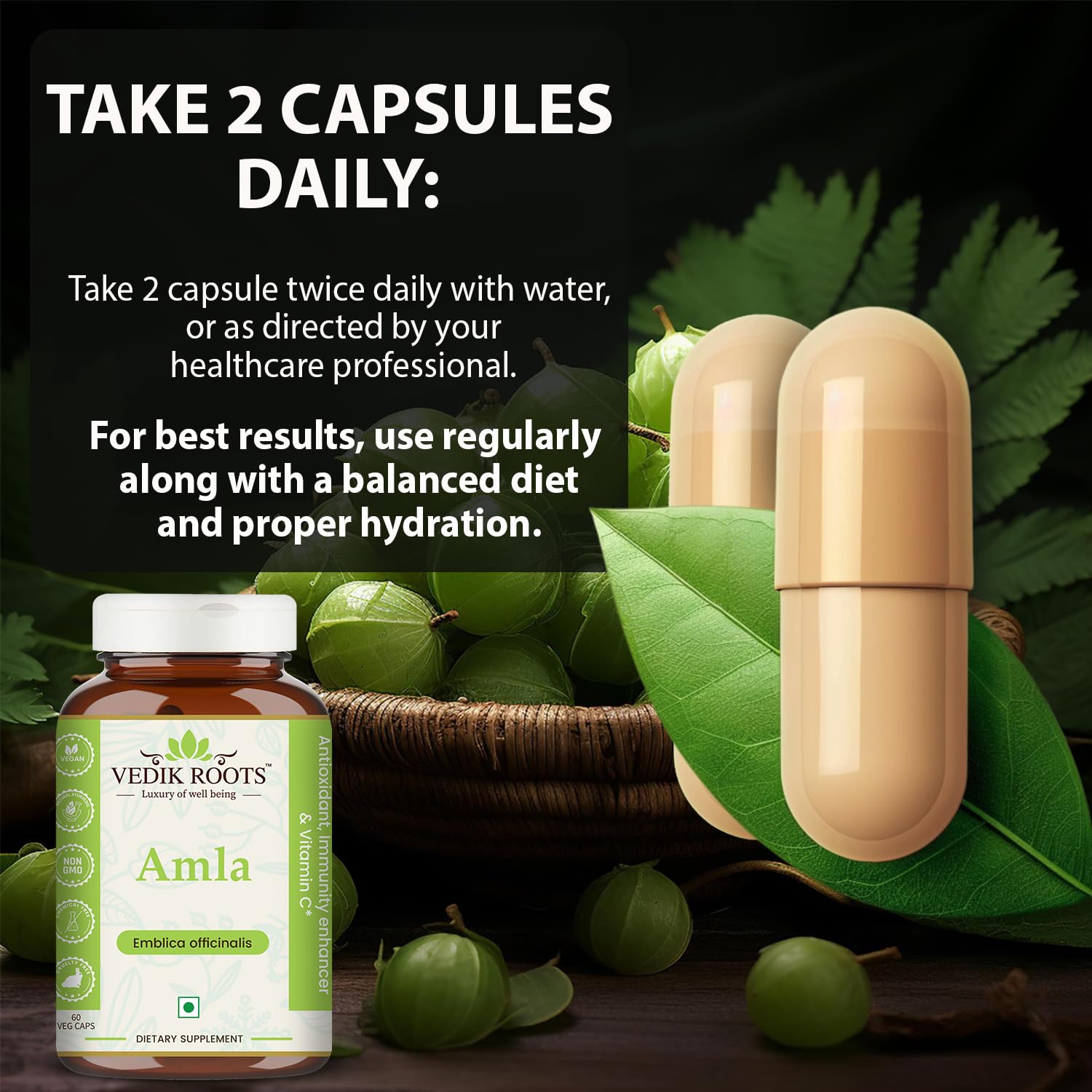 Amla Capsules 60_ Organic Hair Growth & Vitamin C Herbal Supplement Antioxidant Immunity Enhancer Natural Source of Vitamin C (Pack of 1)