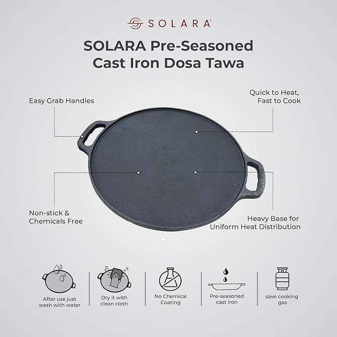 Solara Cast Iron Tawa for Dosa 12" Inch | 30 Cm | Gas & Induction Friendly, Dosa Pan Cast Iron, Cast Iron Cookware