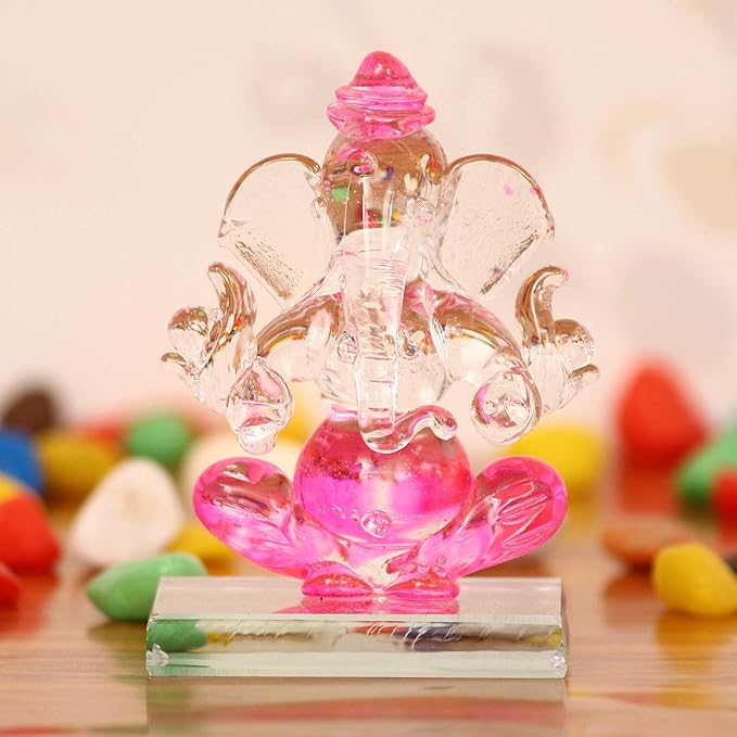 Ecraftindia Pink and Transparent Double Sided Crystal Car Ganesha Showpiece