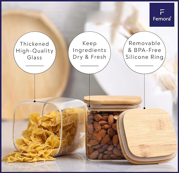 Femora Kitchen Storage Jars Borosilicate Glass Jar With Wooden Lid Air Tight Jar | 450 Ml | Pack of 4