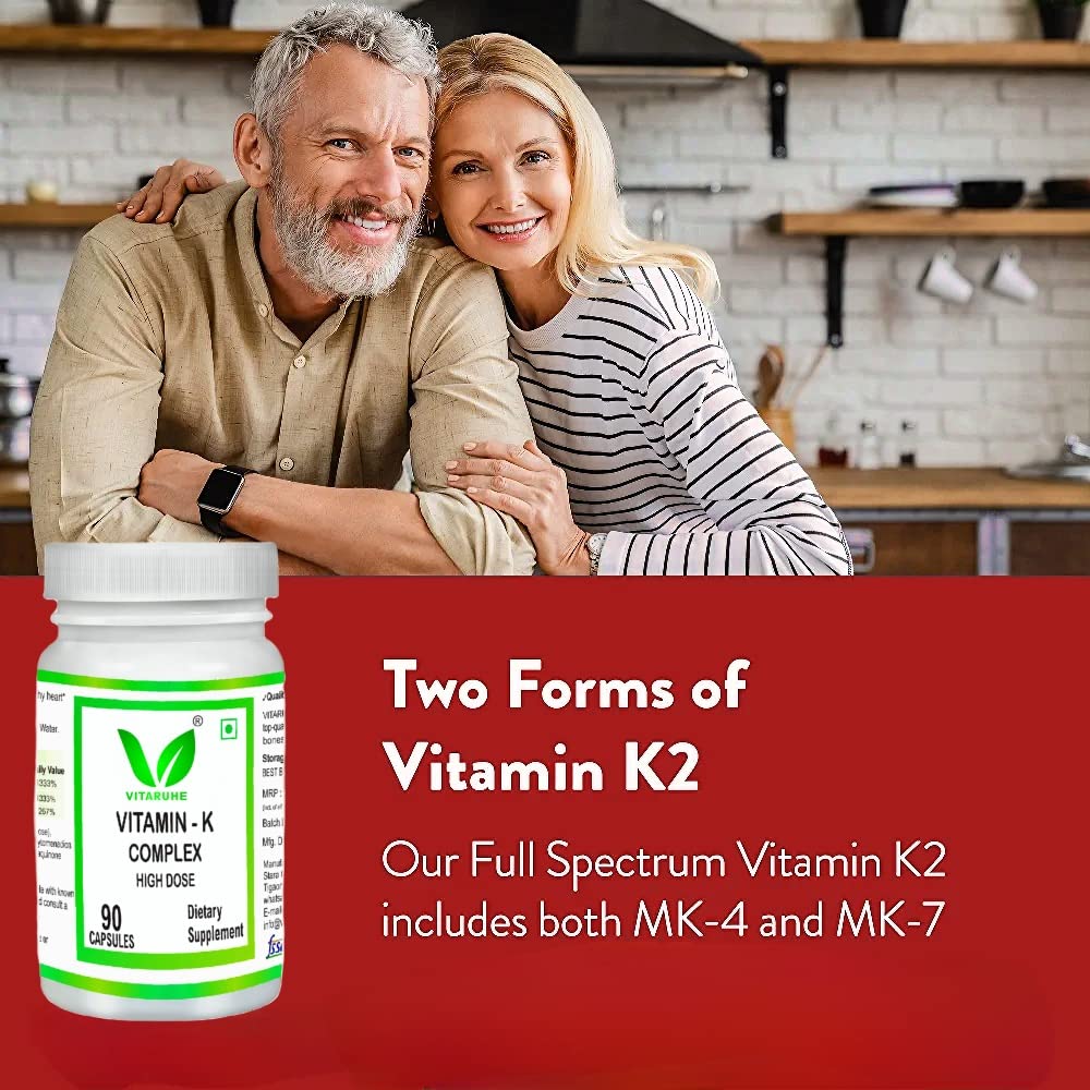 VITARUHE® Vitamin K Complex, High Dose K1 + K2 Menaquinone High Strength & Vegan (MK4 +MK7), 90 Capsules for 3 Months, Best Bioavailability, Supplement Without Additives (1)