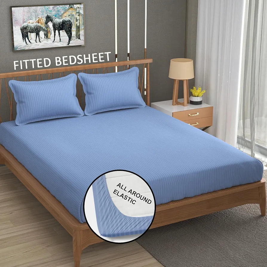 Homefab India 160 TC Stripe Cotton Feel Glace Cotton Elastic Fitted King Size Double Bed Bedsheet with 2 Pillow Covers Fits Upto 6 inches Mattress Sky Blue