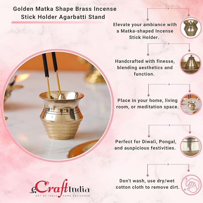 Ecraftindia Golden Pot Shape Brass Agarbatti Stand for Pooja | Incense Stick Holder With Ash Catcher | Agarbatti Holder