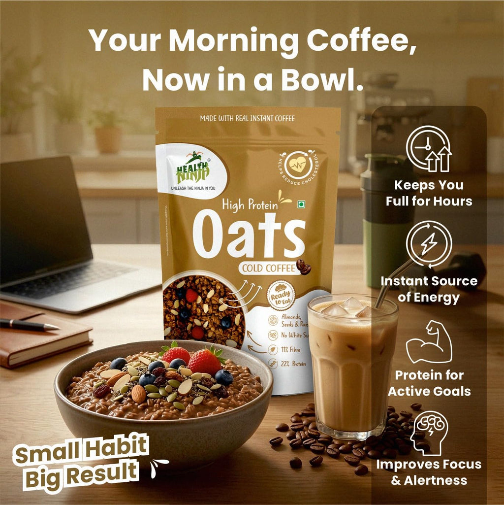 Health Ninja High Protein Cold Coffee Oats | Cold Coffee Oats | 22% Protein, 11% Fibre | No White Sugar | Healthy Breakfast Oats