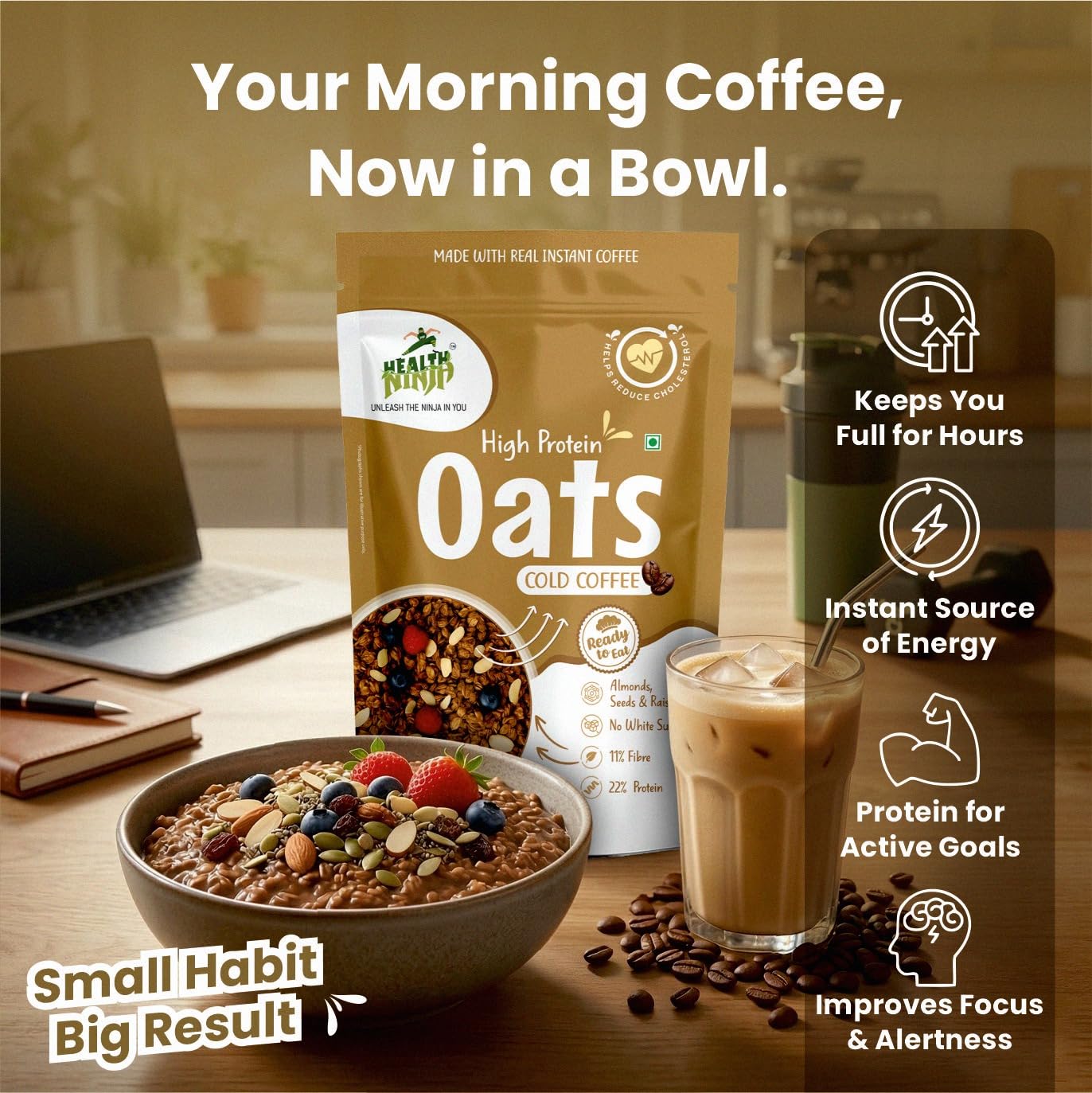 Health Ninja High Protein Cold Coffee Oats | Cold Coffee Oats | 22% Protein, 11% Fibre | No White Sugar | Healthy Breakfast Oats