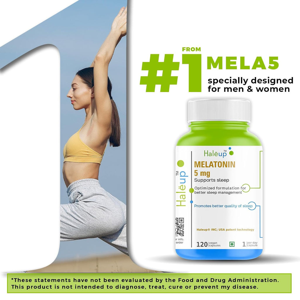 Haleup Melatonin Capsules 5 mg | Non-addictive I Calmness and nerve relaxation | Sleep cycle regulation | Muscle restoration & relaxation - 120 Veg capsules